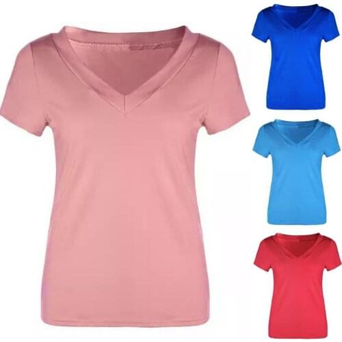 Plus Size Solid Color SlimS1 FitS1 Women Deep V Short Sleeve T-Shirt Summer Top