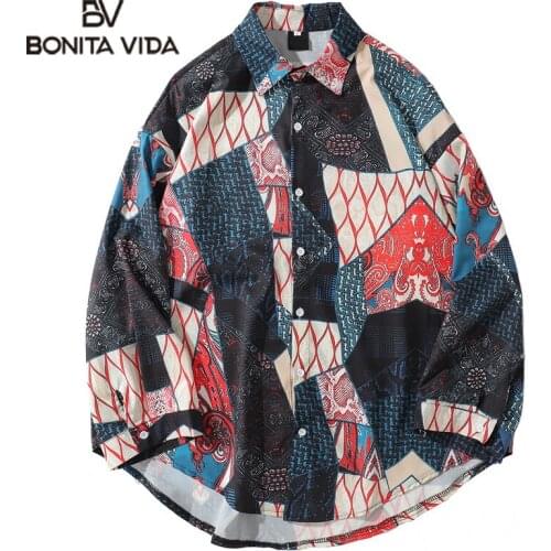 Bonita Vida Japanese Ukiyo E Geometry Patchwork Long Sleeve Shirts Men Women Hip Hop Casual Streetwear Shirts Fashion Tops