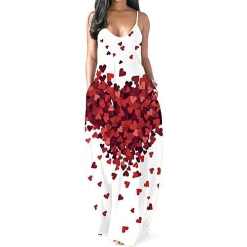 50% Hot Sales Women Spaghetti Strap Printing V-neck Pockets Loose Maxi Dress Sundress for Beach