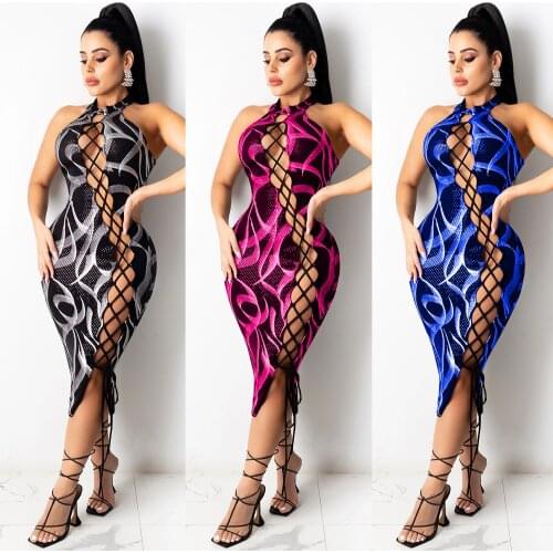 Sexy Womens Bandage Sleeveless Dress Medium Length Skirt Digital Printing Party Night Club Dress Sex bodycon dress summer 2020