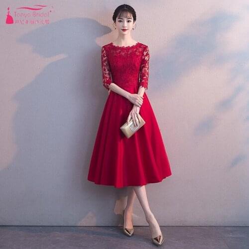 TANYA Half Sleeves Red Lace Prom Dresses Tea Length Simple Style Junior Evening Prom Gown In Stock Real Dress Photo JQ266