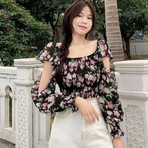 Floral Top Women Square Neck Long Puff Sleeve Crop Top Party Blouse Chiffon Shirts Slim Fitted Elegant Tops and Blouses