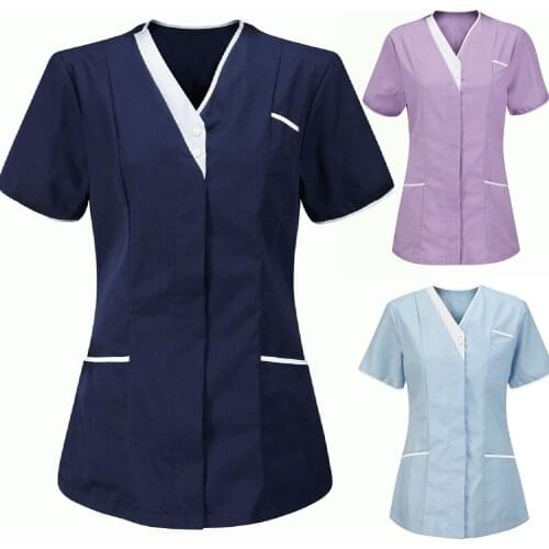 Working Nurse Uniform Tops Pure V Neck Buttons 2021 Casual Short Sleeve Protective Tops for Nursing with Pocket Mukoti Yunifomu