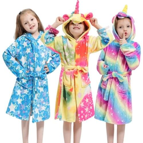 Unisex Childrens Baby Flannel Bathrobes Animal Unicorn Hoodie Pajamas Night Gown Kids Baby Bathrobe Kids Boys Girls Bath Robe