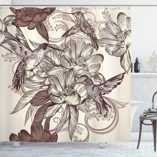 Hummingbirds Shower Curtain Pattern with Birds and Flowers Classic Style Ornamental Design Floral Print Bathroom Decor Set