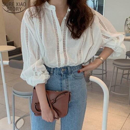 Office Button Up White Women Blouse and Top 2021 Puff Sleeve Dot Ladies Shirts Korean Fashion Women Clothing Chemise Femme 15400