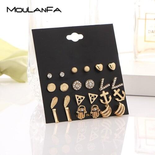 12 Pcs/Set New Fashion V-Gold Color Crystal Heart Stud Earrings For Women Vintage Hand Earring Set Boho Punk Jewelry