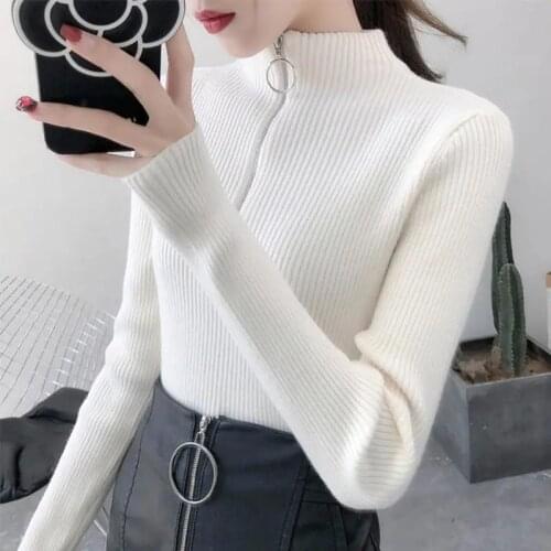 Women Zipper Solid Color Half High Collar Knitted Sweater Autumn Winter New Long Sleeve Core Spun Yarn Korean Slim Soft Pullover