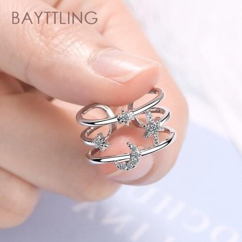 BAYTTLING 925 Sterling Silver Rose Gold Double Star Moon Zircon Open Ring For Women Fashion Wedding Jewelry Gift Couple Ring