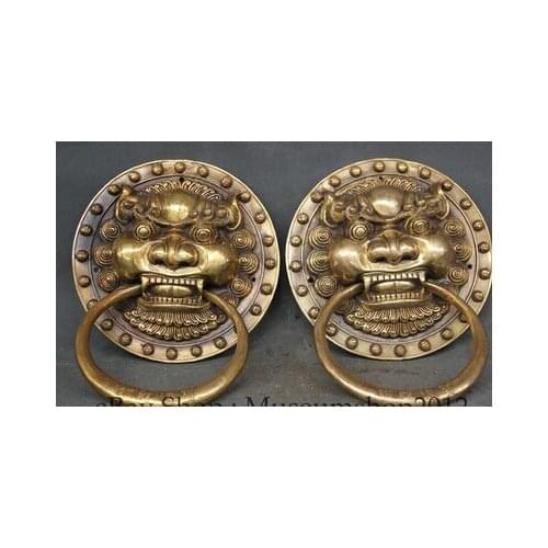 Free shipping Copper Brass CHINESE crafts Asian 9 "Chinese Brass Dragon Fu Foo Dog Guardion Lion Head Mask Door Knocker Pair