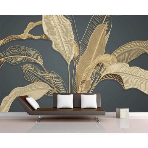Large 3D wallpaper mural custom Nordic Atmospheric banana leaf light luxury golden line leaf TV sofa background 3d wallpaper