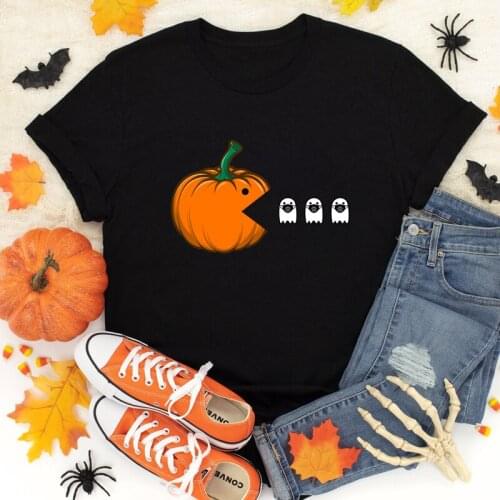 Colored Halloween Pumpkin Eating Ghosts T-shirt Cute Women Thanksgiving Fall Season Tee Top Funny Autumn Holiday Gift Tshirt