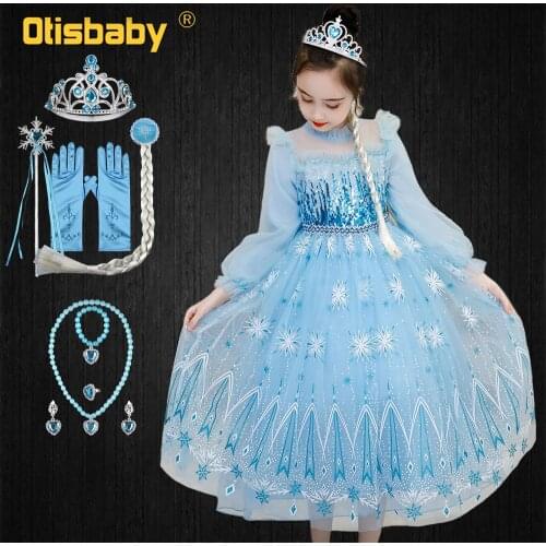 Birthday Party Kids Elsa Dress Boutique Tulle Sleeve Sequins Snowflake Dresses for Girls Snow Queen New Year Princess Costume