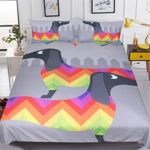 Bedding Set Dachshund Sausage Duvet Cover Set Cute Rainbow Puppy Bedding Set Queen Size Soft Bedclothes Kids Cartoon 3 Pcs