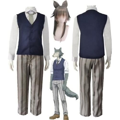 Anime Beastars Cosplay Costumes Wig Mask Grey Wolf Legoshi Uniform Carnivore Legosi Cosplay Costume Cherryton Academy Blue Suit