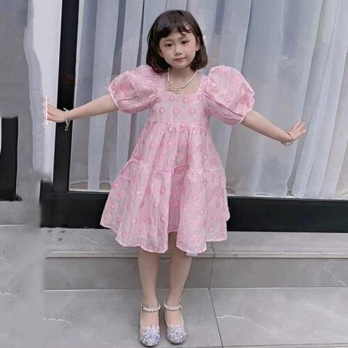 High-end Quality Childrens Clothing Girls Open Back Lace Dress 2021 Summer Little Girl Puff Sleeve Princess Dress Kids Clothes