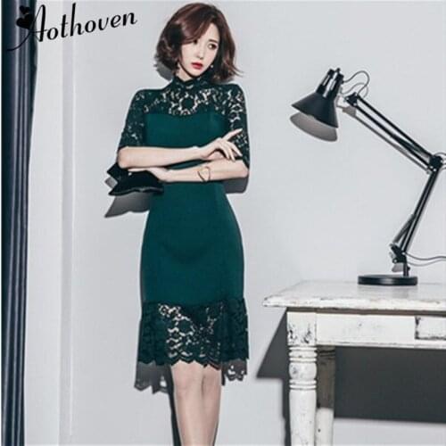 Summer Lace Patchwork Pencil Dresses Women Stand Collar Half Sleeve Bodycon Dress Office Lady Sexy Party Vintage Bandage Dress