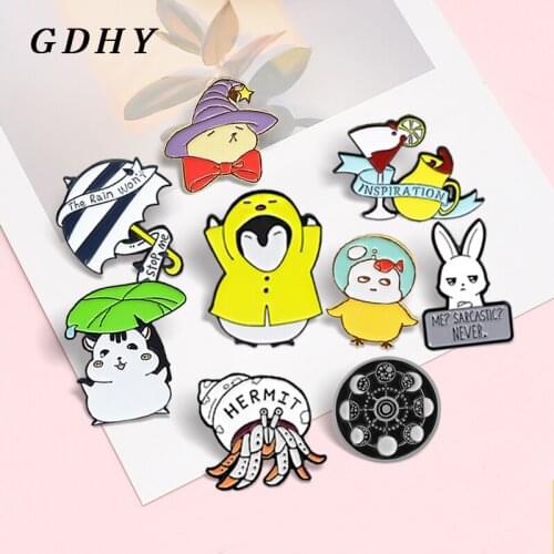 GDHY Cute Animal Brooch Cat Chicken Duck Penguin Hermit crab Rabbit Hamster Coffee Umbrella Enamel Pin Badge Jewelry Gift