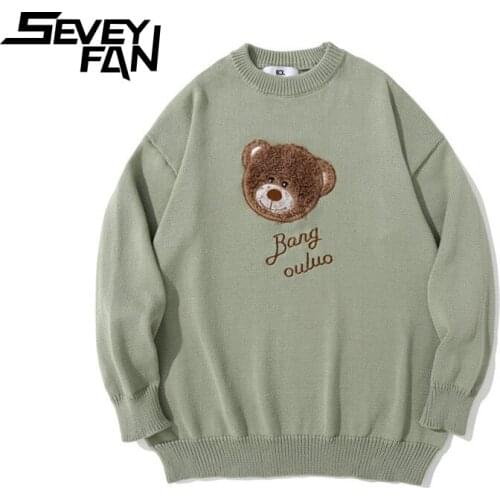 SEVEYFAN Mens Fashion Cartoon Bear Embroidery Sweaters Pink Loose O Neck Cotton Kintwear Hip Hop Pullover Sweater for Couples