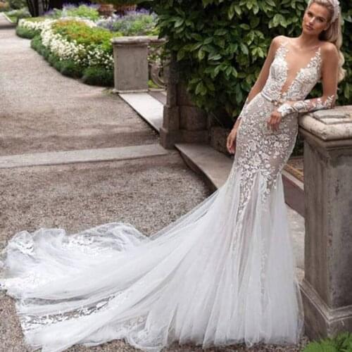Wholesale Elegant Mermaid Lace Long Sleeve Bride Wedding Gowns Illusion Boat Neck Bridal Dresses Sexy Back Out Court Train 2020