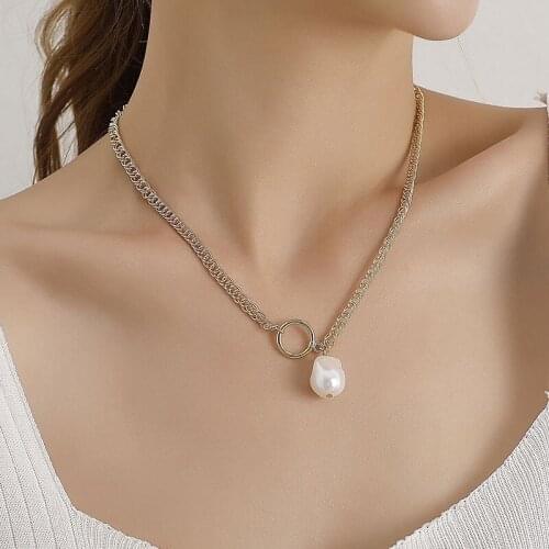 Simple Temperament Baroque Pearl Pendant Necklace Women Vintage Thick Chain Round Circle Geometric Clavicle Necklace Jewelry