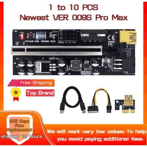 1 To 10pcs VER009 USB3.0 PCI-E Riser VER 010S PLUS Express 1X 4x8x 16x Extender pcie Riser Adapter Card SATA 15pin to 6pin Power