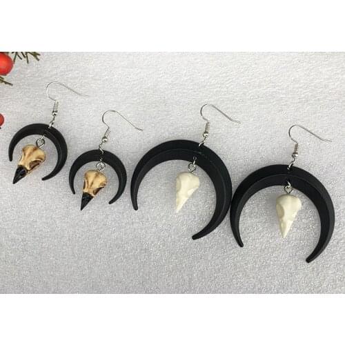 Crow skull pendant earrings with Black Moon, resin replica hand painted, witch gothic gift