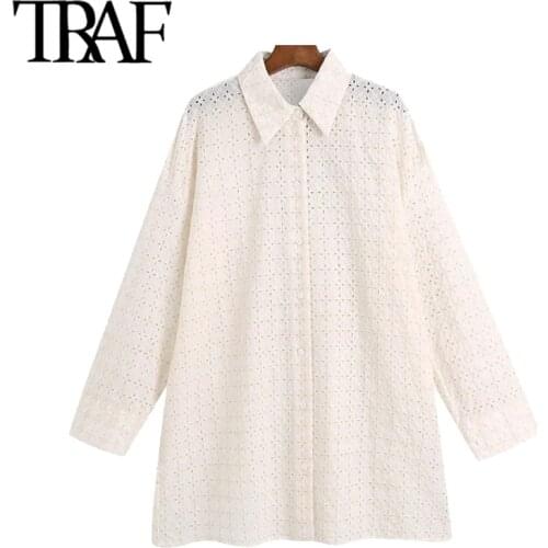 TRAF Women Fashion Hollow Out Embroidery Oversized Blouses Vintage Long Sleeve Button-up Female Shirts Chic Tops