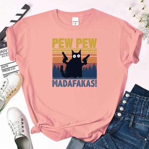 Womens Short sleeve pew pew madafakas Cat with gun funny printing tees women Soft Fitted Round neck T-shirt kawaii Casual tops