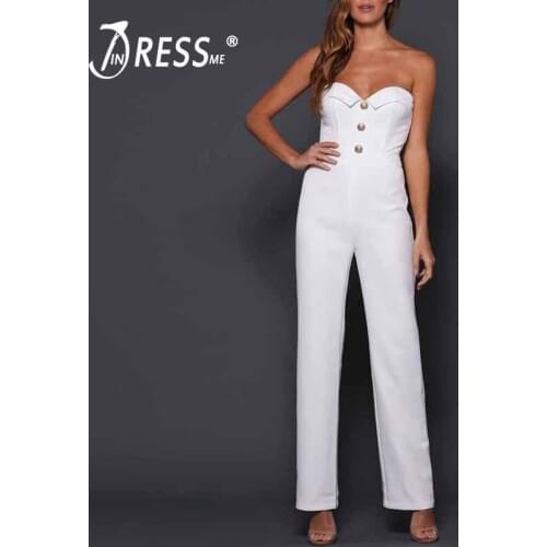 INDRESSME 2019 Vestidos New Women Fashion Sexy Strapless Button V Neck Jumpsuit Sleeveless Elegant Lady Party Club Long Pants