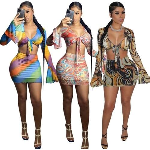 Sexy Mesh Ruffled 2 Pieces Skirt Sets Women Long Flare Sleeve Lace Up Crop Top and Mini Skirts See Through Summer Outfits 2021