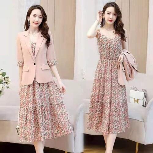 Office Lady Elegant Thin Blazers + Floral Print Sleeveless Chiffon Dress Suits Spring Summer 2 Piece Sets Womens Outfits X26