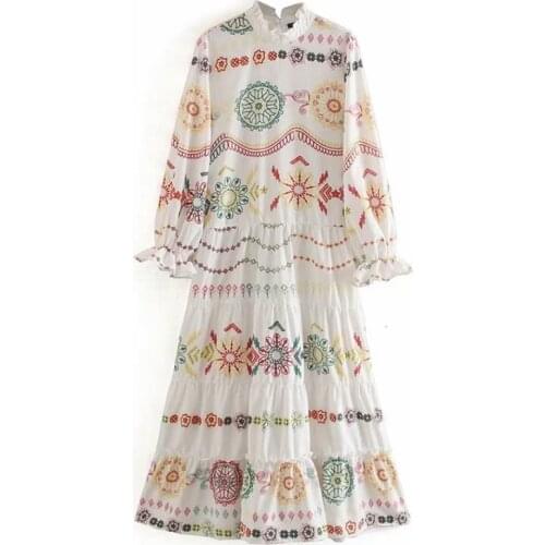 Retro Flower Embroidery Pastel Vestidos Wood Ear Collar Korean Long Dress Women Boho Harajuku Spring Autumn Long Sleeve Robe