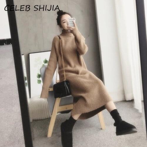 SHIJIA New Turtleneck Woman Knitted Dress Full-sleeve Autumn Winter Gray Black Warm Long Sweater Dress Female 2021 Knitwear