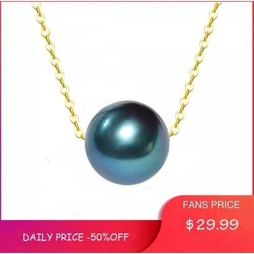 ZHIXI Real Tahitian Black Pearl Pendant Necklace 8-9mm Seawater Pearl and 18K Gold Chain Womens Fine Jewelry D346
