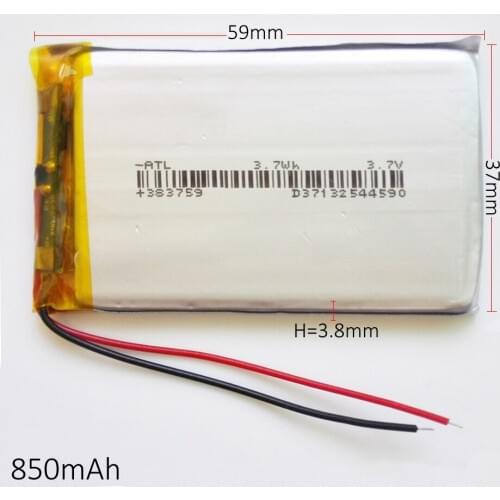 3.7V 850mAh 383759 Lithium Polymer Li-Po Rechargeable Battery power For Mp3 MP4 MP5 DVD PAD phone electronic device Bluetooth