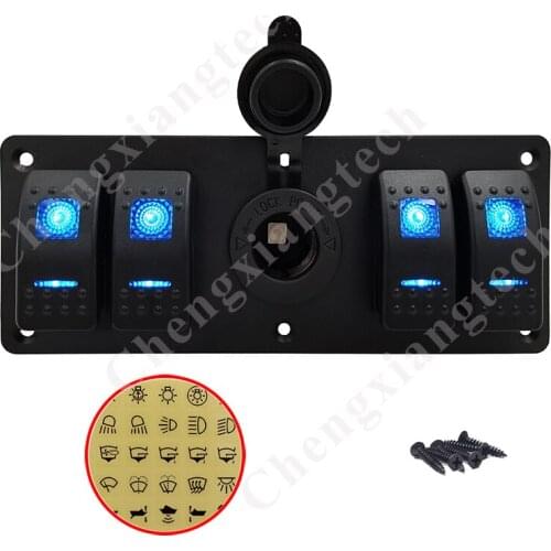 12v 24v 4 Gang Rocker Switch Aluminum Panel Blue Led Light Bar Switch Panel with Cigarette Lighter Power