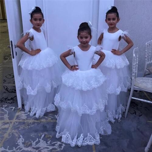White Lace Feather Flower Girl Dress Puffy Bottom Kid Gowns Little Princess Wedding Party Dress Kids Dresses Custom