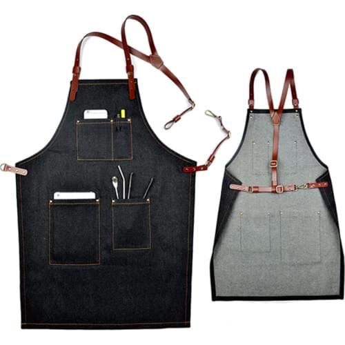Black Denim Bib Apron Cowhide Leather Strap Barista Baker Barman Chef Uniform Barber Hairdresser Florist Gardener Work Wear K15