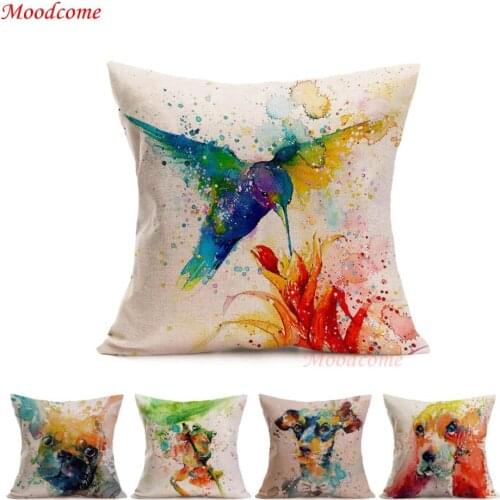 18" Home Decoration Water Color Animal Print Sofa Throw Pillow Color Ink Painting Frog Cute Dog Bird Chair Cushion Waist Pillows