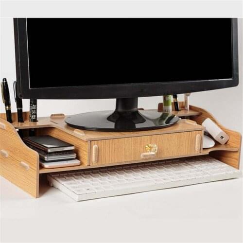 Wooden PC Computer Monitor Stand Holder Desktop Screen Riser Laptop Desk Organizer Multi-function Bracket Shelf with Cabinet