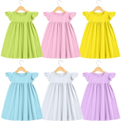 2021 Simple Design Kids Cute Frill Baby Girls Clothing Children Flutter Light Color Solid Summer Dress
