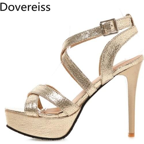Dovereiss Fashion Womens Shoes summer new sexy consice gold silver Stilettos heels Buckle Waterproof Party shoes Sandales 32-45
