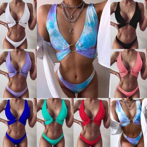 2021 Bikinis Set women ring strap solid color red split swimwear female two-piece swimsuits Summer Bather Bathing Suit women