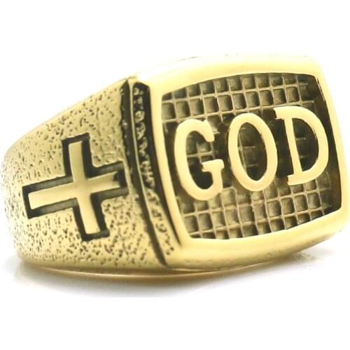 Mens 316L Stainless Steel Cool Gold-Color Cross GOD Jesus Christ Ring Newest
