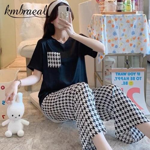 Pajama Sets Women Korean Style Plaid Bottom Simple Ins Chic Loose Tops V-neck short Sleeve Basic Homewear Students Lounge Lovely