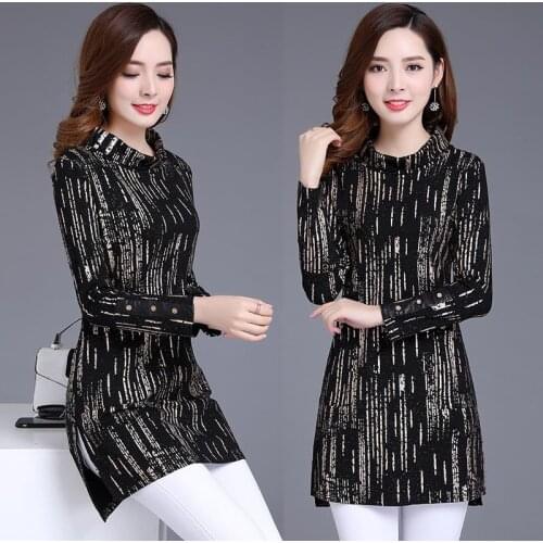 Spring Fall Fashion Woman Female Turtleneck Printed Golden Striped Black Shirt , Korea Womens Irregular 5xl Patchwork Shirts