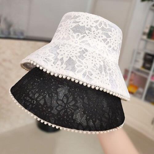 Classical lace fisherman hat for ladies summer sun protection hat fashion mesh hollow breathable versatile pearl basin hat