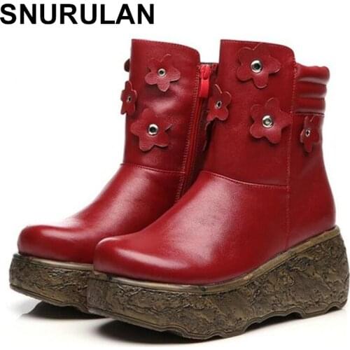 SNURULAN Elegant Flower Cowhide Leather Shoes Woman New 2018 Fall Whiter women boots Retro Platform Wedges Shoes High Heels