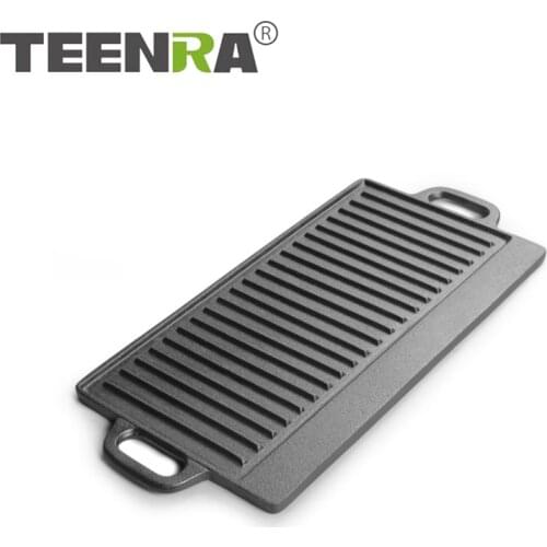 TEENRA Cast Iron Frying Pan Non-stick Steak Frying Pan Outdoor Baking Tray Thickened Uncoated BBQ Pot Double-sided Iron Plate